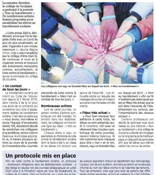 La presse parle de la journée de lutte contre le harcèlement au collège de Goulaine